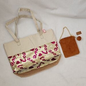 Beige & Gold Sequin Tote Bag with Hello 3am Furry Crossbody Bag